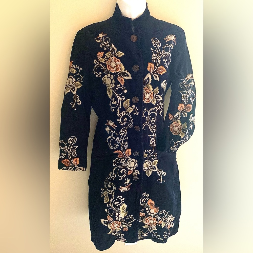 Johnny Was Navy Embroidered Corduroy Coat